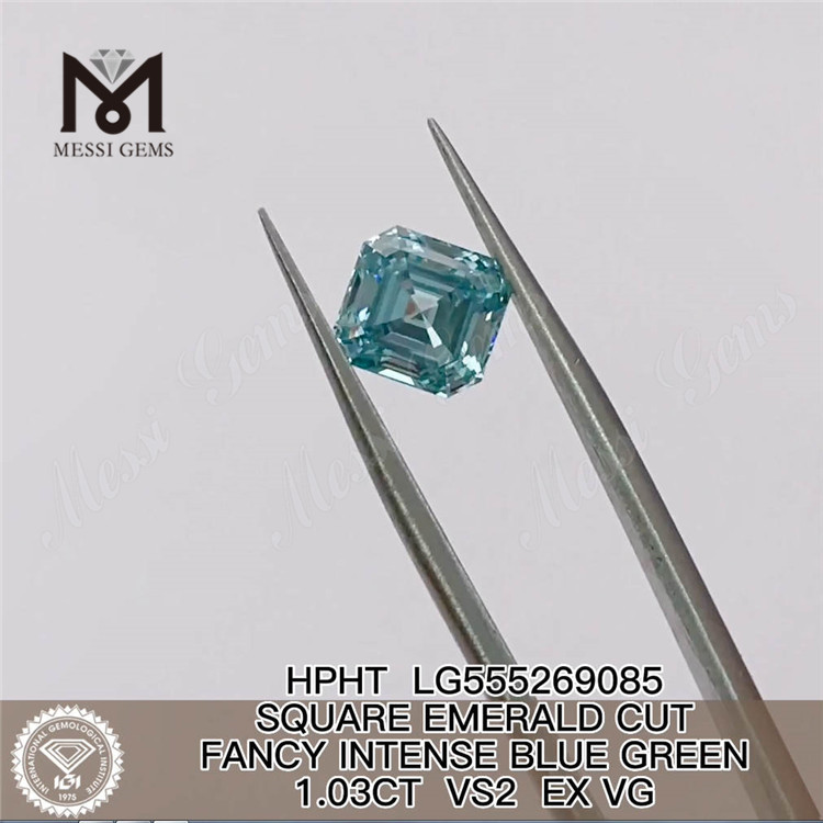 1.03CT スクエア カット ファンシー インテンス ブルー グリーン VS2 EX VG HPHT 合成ダイヤモンド LG555269085