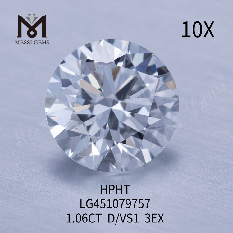 1.06 カラット HPHT D VS1 RD EX カット グレードのラボ ダイヤモンド