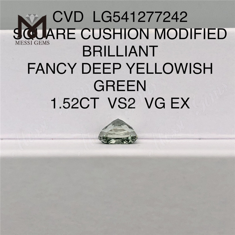 1.52CT CVD スクエア クッション ファンシー ディープ イエローイッシュ グリーン VS2 VG EX グリーン 合成ダイヤモンドs LG541277242 