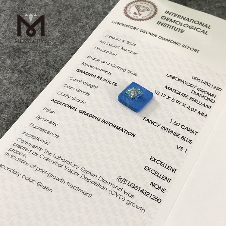 1.50 CT マン グロウン ダイヤモンド MQ VS1 ファンシー インテンス ブルー丨Messigems CVD LG614321260 