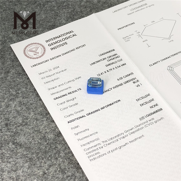 6.02CT ブルー エメラルド カット ラボ養殖ダイヤモンド VS1 CVD LG626468358丨Messigems 