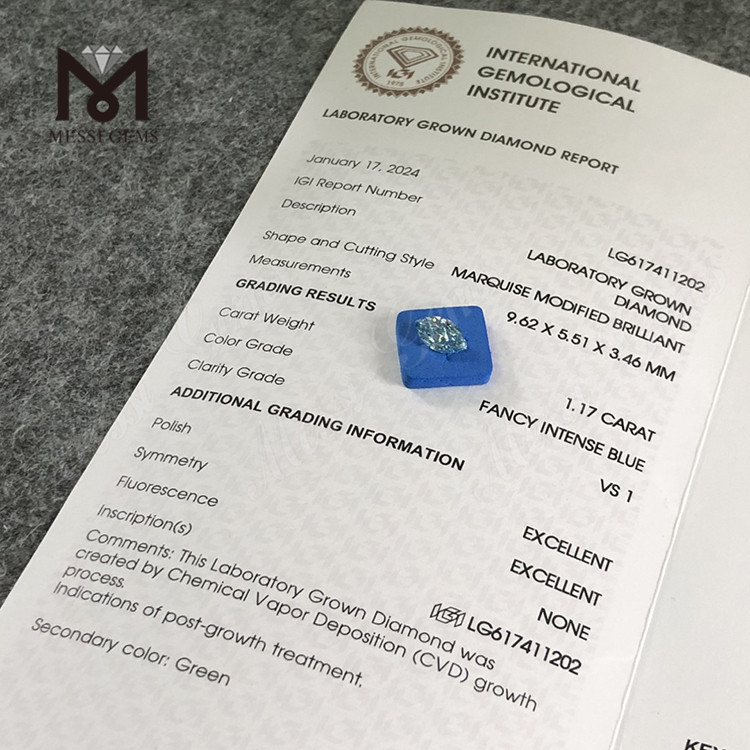1.17CT VS1 MQ ファンシー インテンス ブルー 卸売ラボ クリエイト ダイヤモンド丨Messigems CVD LG617411202