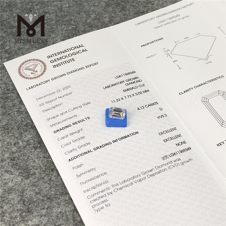 4.12CT D エメラルド カット 4ct ルース製造ダイヤモンド VVS2 LG611369349丨Messigems